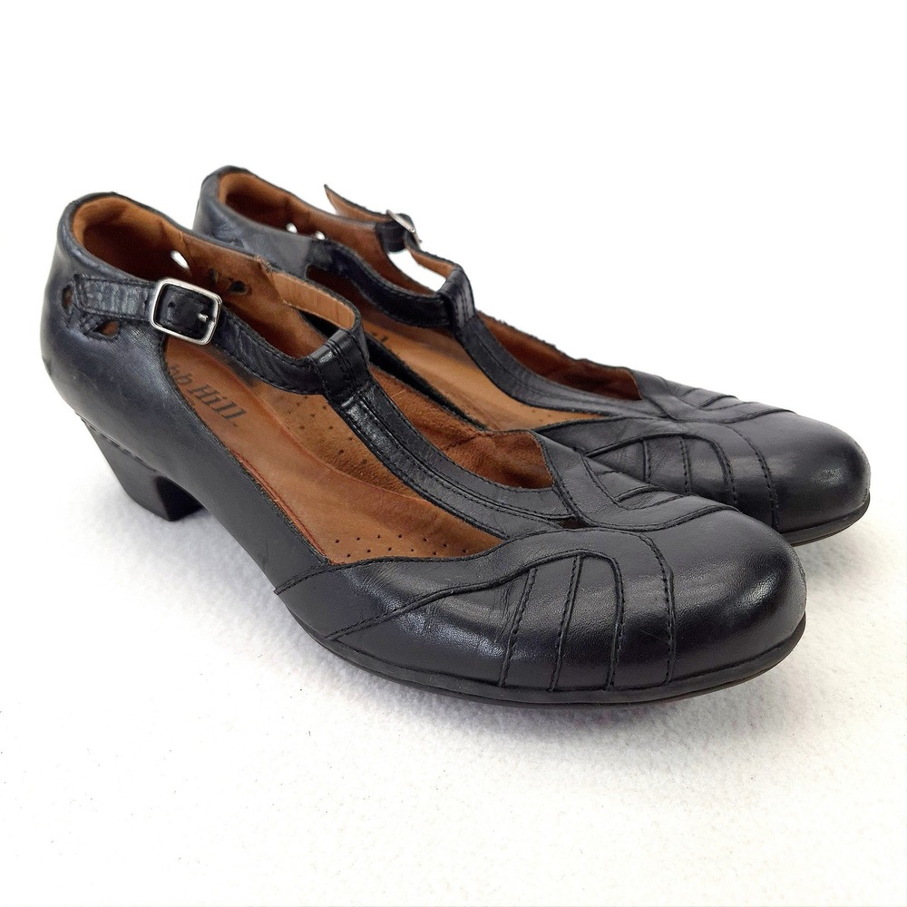 Cobb Hill Black Leather T-Strap Pumps Vintage Style Low Stacked Heel Size 10